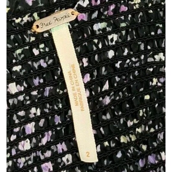 Free People Black Purple Floral Smocked Ruffle Sheer Tie Neck Top Blouse Size 2 - Picture 9 of 12